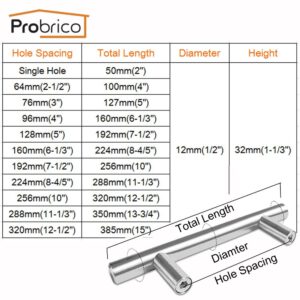 Probrico 10PCS Cabinet T Bar Handles Diameter 12mm Stainless Steel Furniture Drawer Knob 50mm~320mm Kitchen Cupboard Door Pulls